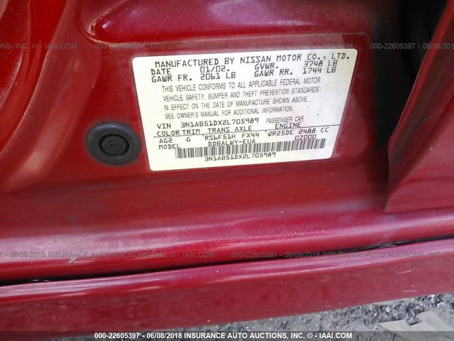 3N1AB51DX2L705989 - 2002 NISSAN SENTRA SE-R SPEC V RED photo 9