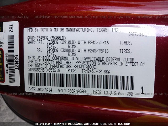 5TFSX5EN3HX053218 - 2017 TOYOTA TACOMA ACCESS CAB/SR/SR5 წითელი ფოტო 9