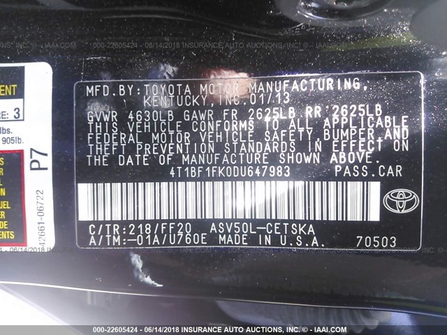 4T1BF1FK0DU647983 - 2013 TOYOTA CAMRY L/SE/LE/XLE 黑色 照片 9