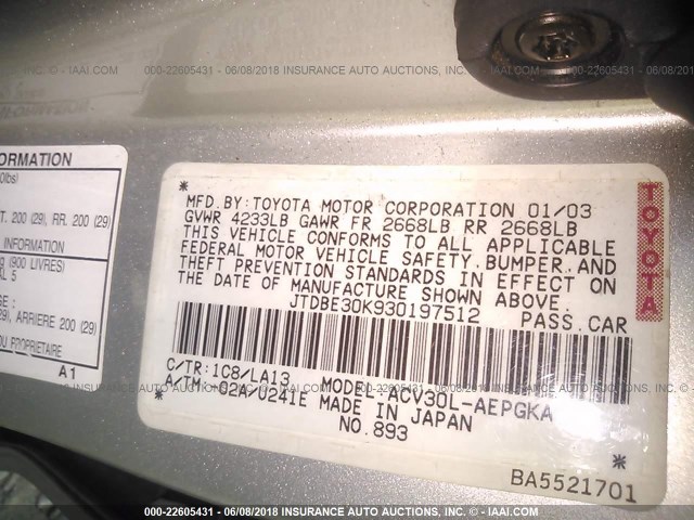 JTDBE30K930197512 - 2003 TOYOTA CAMRY LE/XLE SILVER photo 9
