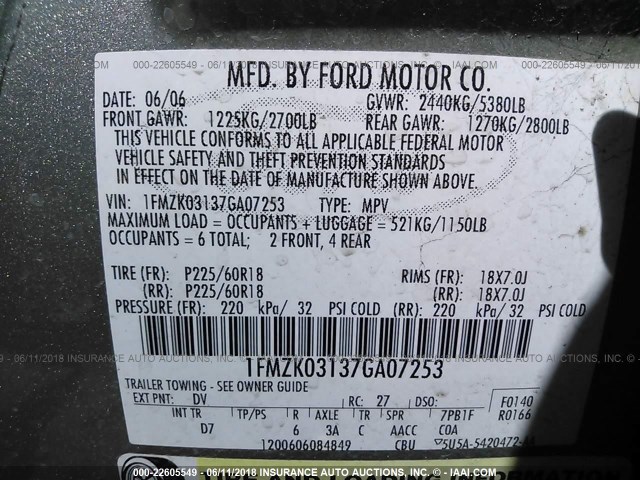 1FMZK03137GA07253 - 2007 FORD FREESTYLE LIMITED GREEN photo 9