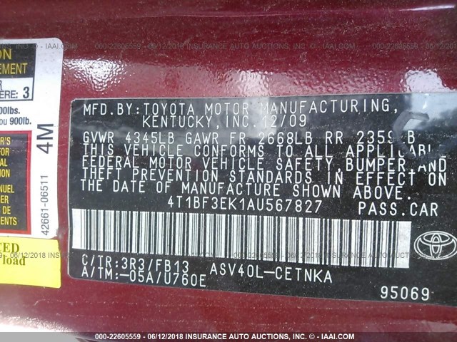 4T1BF3EK1AU567827 - 2010 TOYOTA CAMRY SE/LE/XLE 红色 照片 9