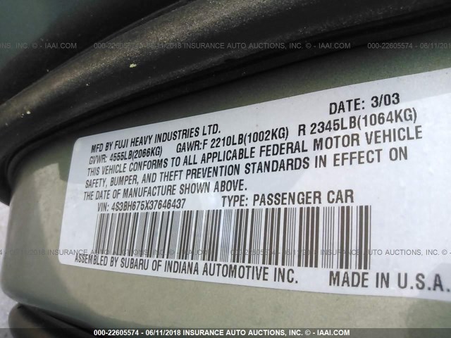 4S3BH675X37646437 - 2003 SUBARU LEGACY OUTBACK AWP 绿色 照片 9