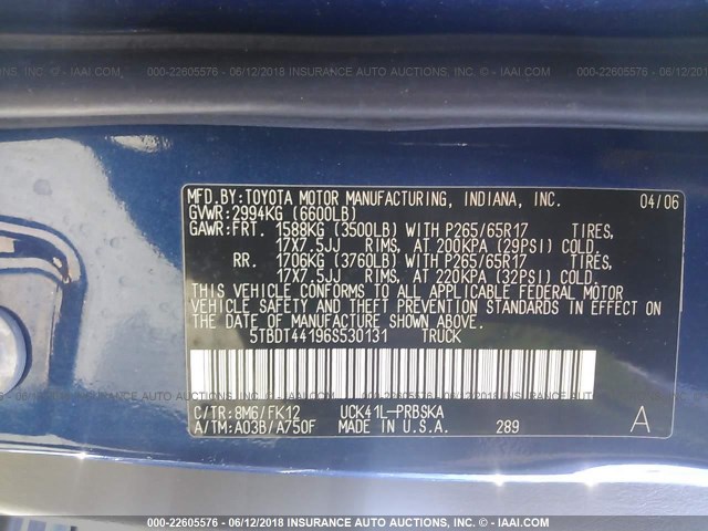 5TBDT44196S530131 - 2006 TOYOTA TUNDRA DOUBLE CAB SR5 BLUE photo 9