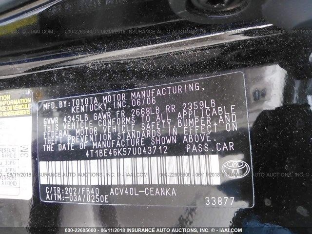4T1BE46K57U043712 - 2007 TOYOTA CAMRY NEW GENERAT CE/LE/XLE/SE BLACK photo 9