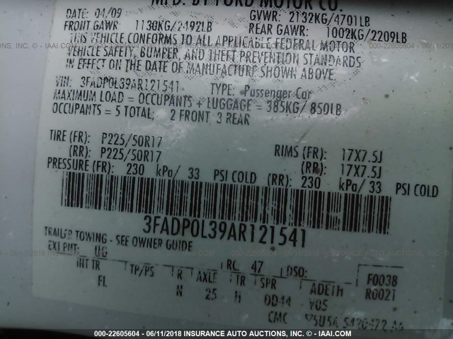 3FADP0L39AR121541 - 2010 FORD FUSION HYBRID WHITE photo 9