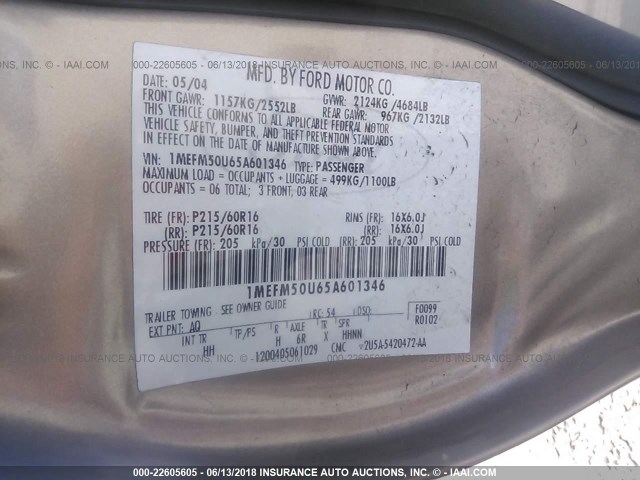 1MEFM50U65A601346 - 2005 MERCURY SABLE GS TAN photo 9