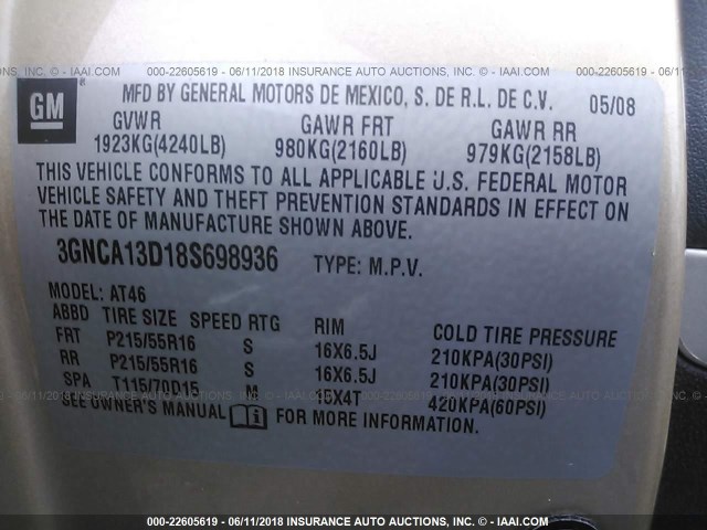 3GNCA13D18S698936 - 2008 CHEVROLET HHR LS GOLD photo 9