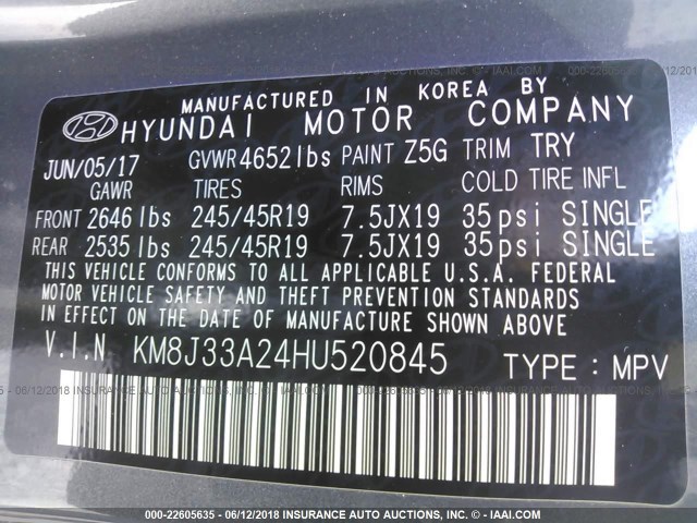 KM8J33A24HU520845 - 2017 HYUNDAI TUCSON LIMITED/SPORT AND ECO/SE GRAY photo 9