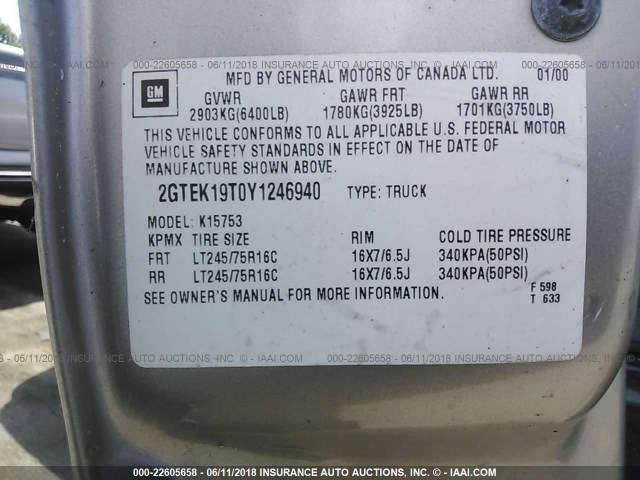 2GTEK19T0Y1246940 - 2000 GMC NEW SIERRA K1500 TAN photo 9