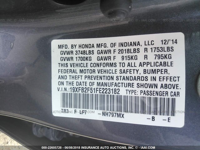 19XFB2F51FE223182 - 2015 HONDA CIVIC LX GRAY photo 9