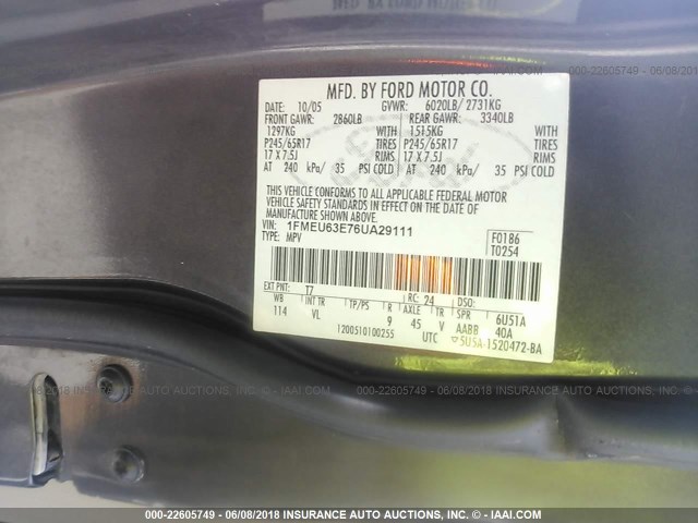 1FMEU63E76UA29111 - 2006 FORD EXPLORER XLT GRAY photo 9