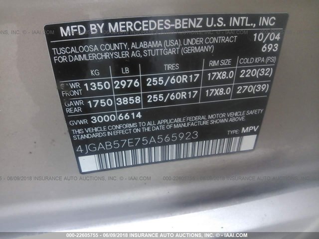 4JGAB57E75A565923 - 2005 MERCEDES-BENZ ML 350 GOLD photo 9