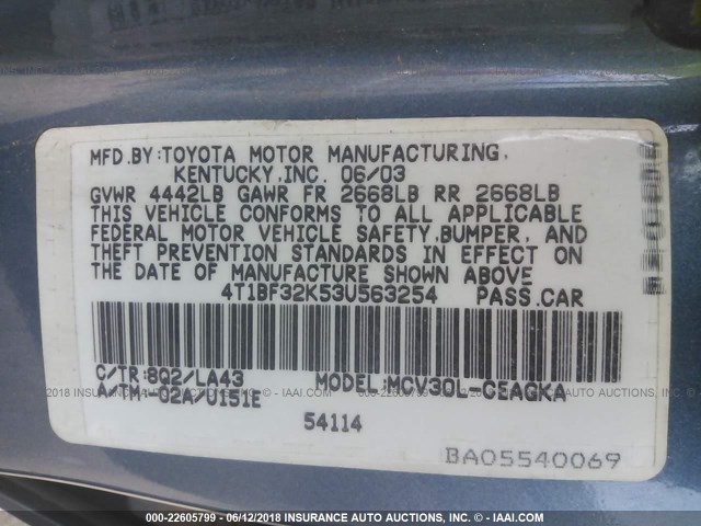 4T1BF32K53U563254 - 2003 TOYOTA CAMRY LE/XLE/SE Mavi foto 9