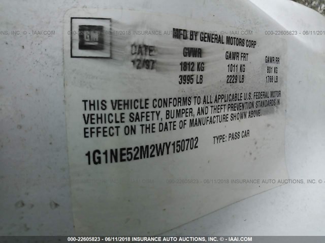 1G1NE52M2WY150702 - 1998 CHEVROLET MALIBU LS WHITE photo 9