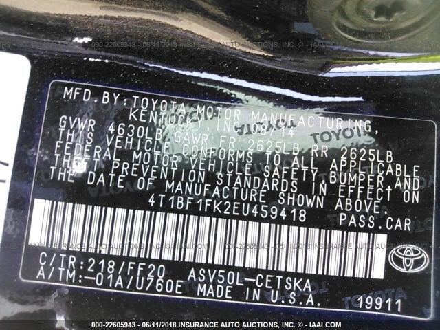 4T1BF1FK2EU459418 - 2014 TOYOTA CAMRY L/SE/LE/XLE 黑色 照片 9