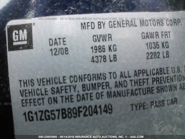 1G1ZG57B89F204149 - 2009 CHEVROLET MALIBU LS 蓝色 照片 9