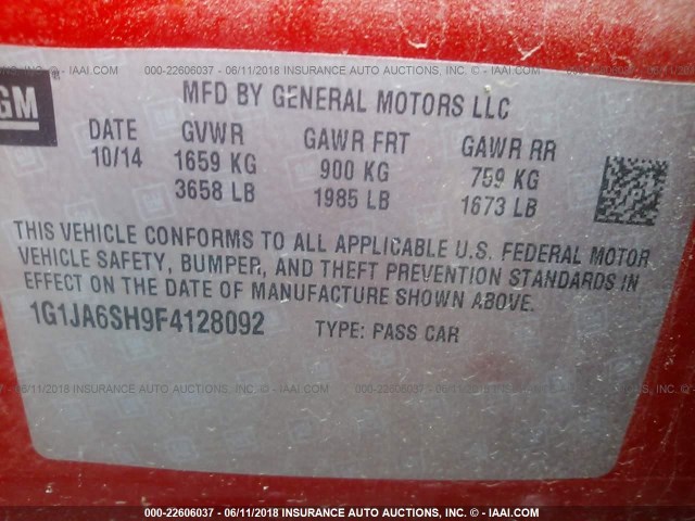 1G1JA6SH9F4128092 - 2015 CHEVROLET SONIC LS 红色 照片 9