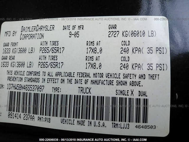 1D7HW58N46S537097 - 2006 DODGE DAKOTA QUAD LARAMIE BLACK photo 9