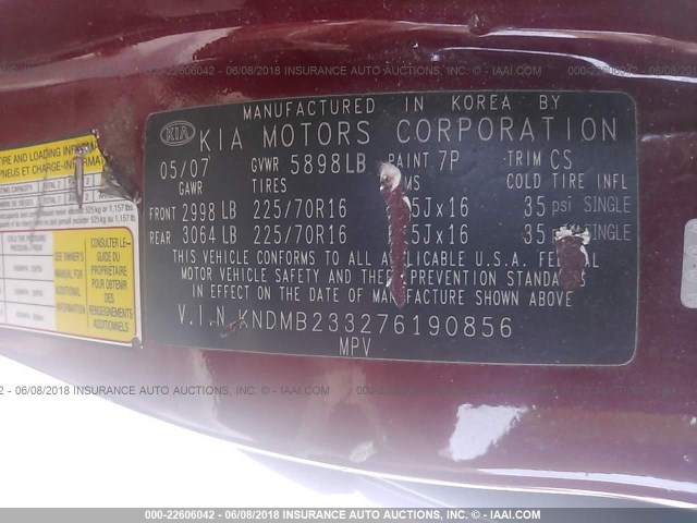 KNDMB233276190856 - 2007 KIA SEDONA EX/LX RED photo 9