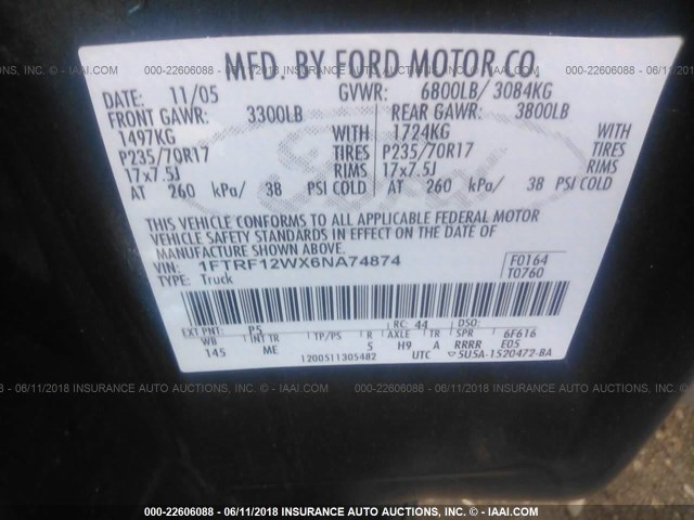 1FTRF12WX6NA74874 - 2006 FORD F150 GREEN photo 9