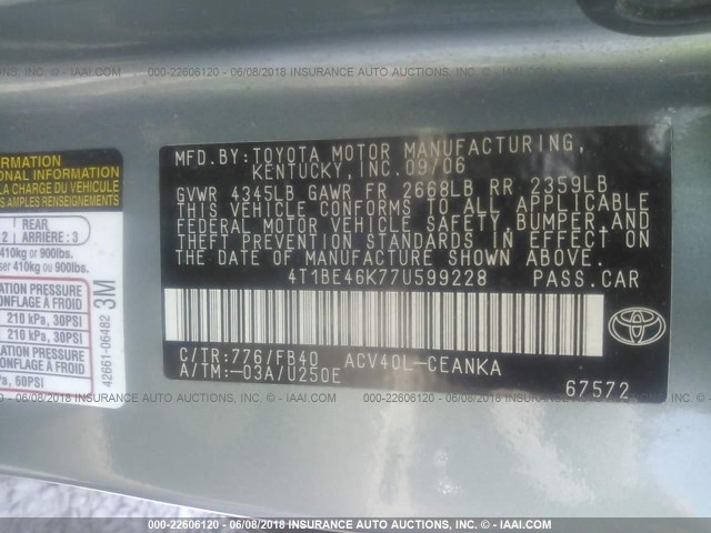 4T1BE46K77U599228 - 2007 TOYOTA CAMRY NEW GENERAT CE/LE/XLE/SE Light Blue photo 9
