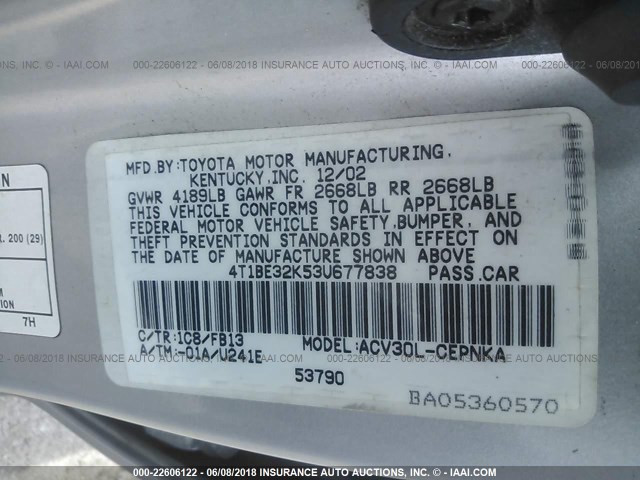 4T1BE32K53U677838 - 2003 TOYOTA CAMRY LE/XLE/SE 银色 照片 9