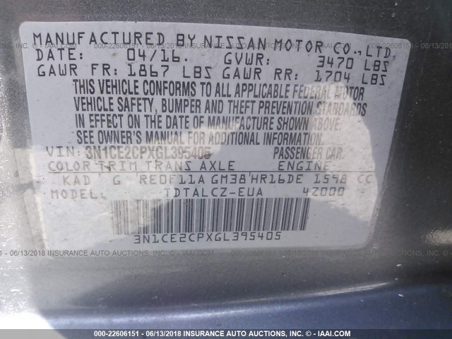 3N1CE2CPXGL395405 - 2016 NISSAN VERSA NOTE S/S PLUS/SV/SL/SR GRAY photo 9