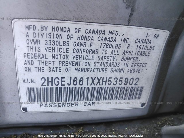 2HGEJ661XXH535902 - 1999 HONDA CIVIC SE SILVER photo 9