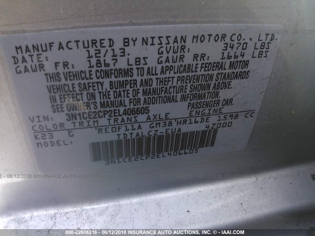 3N1CE2CP2EL406605 - 2014 NISSAN VERSA NOTE S/S PLUS/SV/SL GRAY photo 9