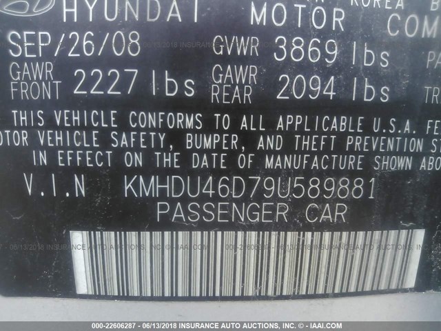 KMHDU46D79U589881 - 2009 HYUNDAI ELANTRA GLS/SE SILVER photo 9