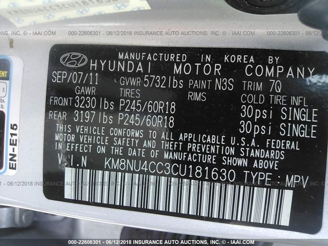 KM8NU4CC3CU181630 - 2012 HYUNDAI VERACRUZ GLS/LIMITED SILVER photo 9