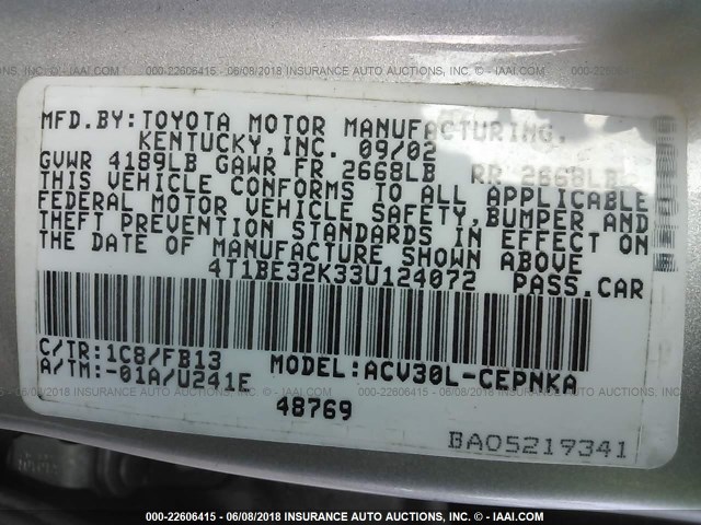 4T1BE32K33U124072 - 2003 TOYOTA CAMRY LE/XLE/SE Gümüş foto 9