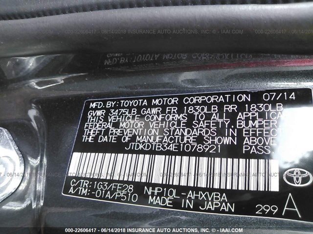 JTDKDTB34E1078921 - 2014 TOYOTA PRIUS C GRAY photo 9