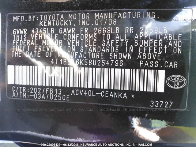 4T1BE46K58U254796 - 2008 TOYOTA CAMRY CE/LE/XLE/SE BLACK photo 9