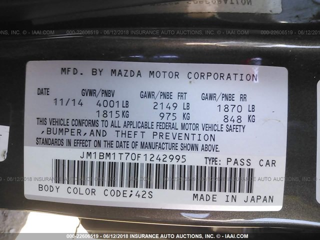 JM1BM1T70F1242995 - 2015 MAZDA 3 SV GRAY photo 9