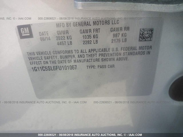 1G11C5SL6FU101067 - 2015 CHEVROLET MALIBU 1LT 银色 照片 9