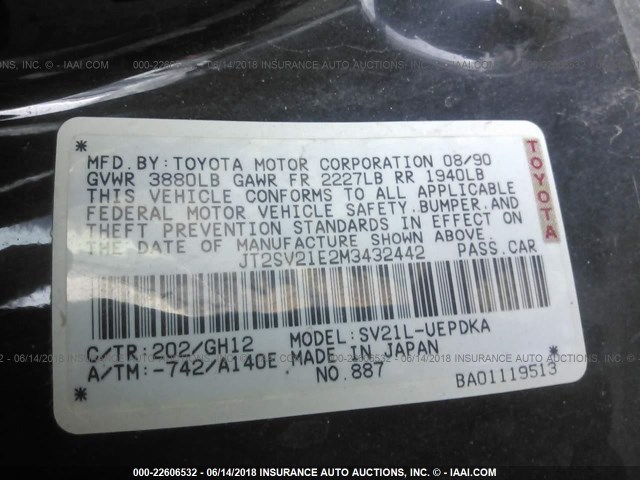 JT2SV21E2M3432442 - 1991 TOYOTA CAMRY DLX BLACK photo 9