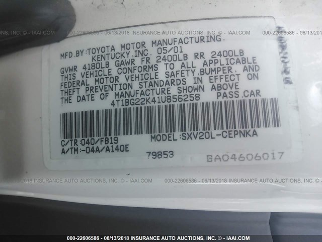 4T1BG22K41U856258 - 2001 TOYOTA CAMRY CE/LE/XLE 白色 照片 9