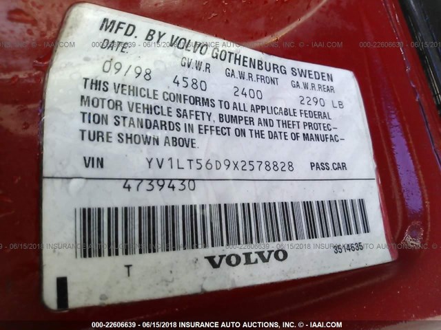 YV1LT56D9X2578828 - 1999 VOLVO S70 RED photo 9