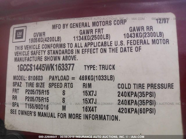 1GCCS1445WK163377 - 1998 CHEVROLET S TRUCK S10 RED photo 9