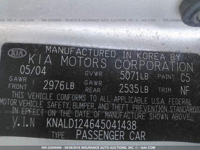 KNALD124645041438 - 2004 KIA AMANTI GRAY photo 9