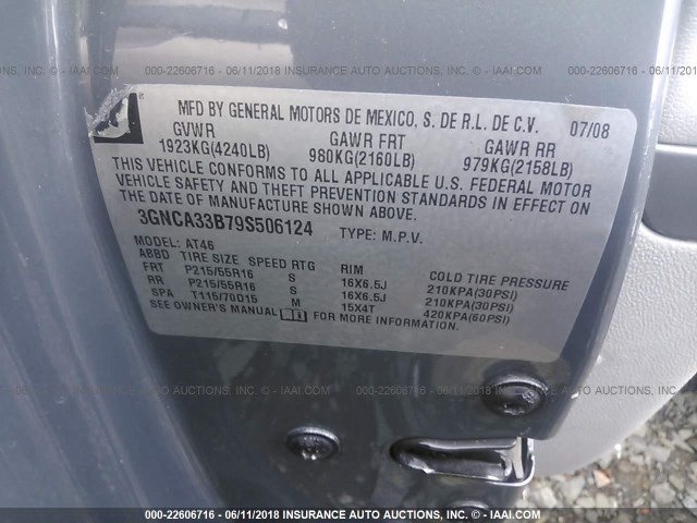 3GNCA33B79S506124 - 2009 CHEVROLET HHR LS ნაცრისფერი ფოტო 9