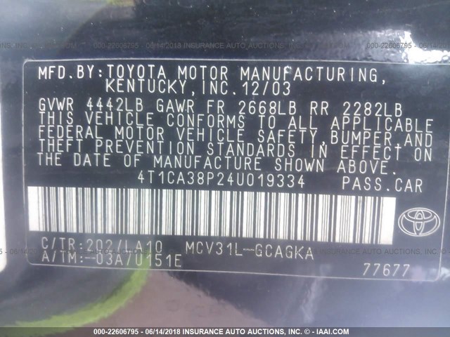 4T1CA38P24U019334 - 2004 TOYOTA CAMRY SOLARA SE/SLE BLACK photo 9