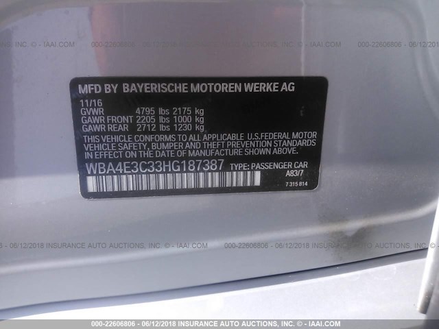 WBA4E3C33HG187387 - 2017 BMW 440I GRAN COUPE SILVER photo 9