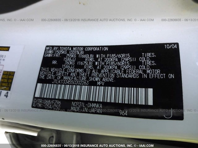 JTLKT334550202263 - 2005 TOYOTA SCION XB WHITE photo 9