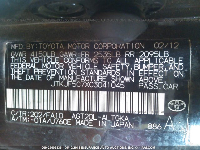 JTKJF5C7XC3041045 - 2012 TOYOTA SCION TC 黑色 照片 9