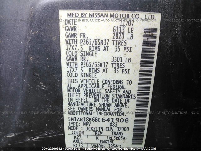 5N1AR18B68C641908 - 2008 NISSAN PATHFINDER S/LE/SE GRAY photo 9