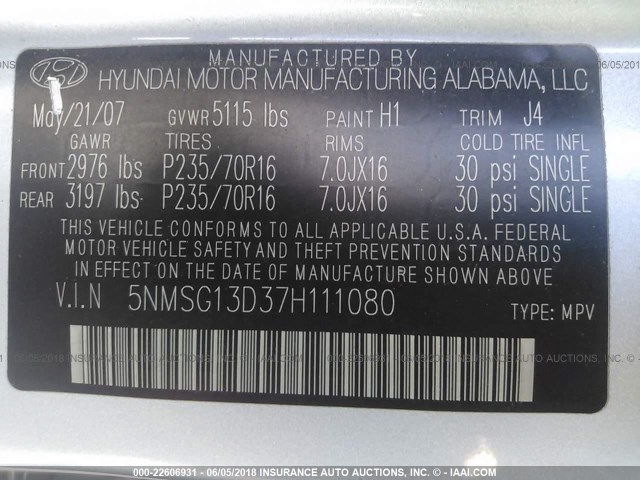 5NMSG13D37H111080 - 2007 HYUNDAI SANTA FE GLS BLUE photo 9