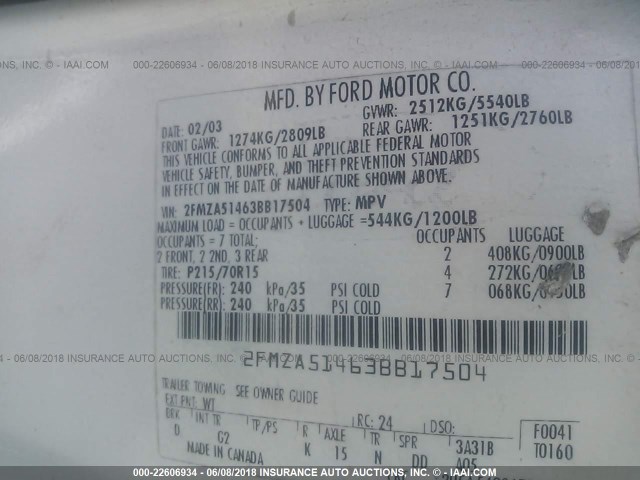 2FMZA51463BB17504 - 2003 FORD WINDSTAR LX WHITE photo 9